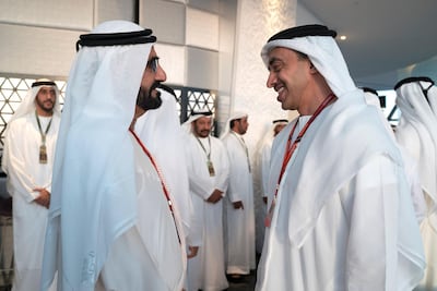 Sheikh Mohammed bin Rashid, Vice-President and Ruler of Dubai speaks with Sheikh Abdullah bin Zayed, UAE Minister of Foreign Affairs and International Cooperation.