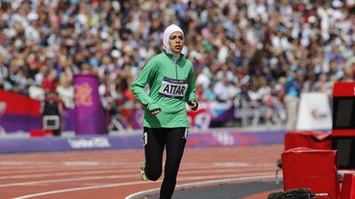 Saudi Arabia's Sarah Attar during the women's 800m heats at the London 2012 Olympics. (Diego Azubel / EPA)