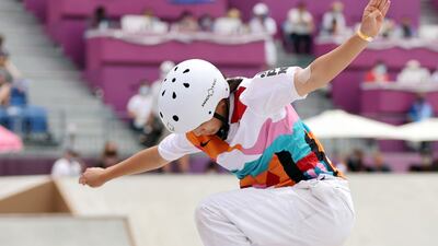 Momiji Nishiya of Japan performs during the Skateboarding Women's Street final.