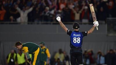 2015 World Cup, semi-finals. For once, South Africa got the batting right after winning the toss. Or did they? Faf du Plessis and captain AB de Villiers scored half-centuries as the Proteas posted 299-6 on the board. In response, New Zealand kept the asking rate well within control even as they lost wickets at regular intervals during the chase. Captain Brendon McCullum and Corey Anderson scored half-centuries, but it was Grant Elliott (84 not out), a South African now playing for the Black Caps, whose batting underpinned their successful chase. Marty Melville / AFP