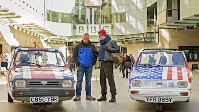 Chris Evans and Matt LeBlanc’s first challenge is a battle between the UK and the USA with Reliant Rialtos. Courtesy BBC Worldwide