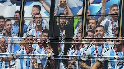 Argentina's 2022 World Cup trophy lift is displayed on a bus in Miami. Kyle Fitzgerald / The National