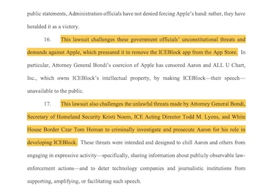 The developer of ICEBlock says that the DOJ and other government entities used coercion to convince Apple to remove the app from its iPhone App Store.