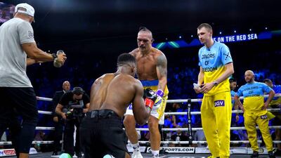 Anthony Joshua and Oleksandr Usyk touch gloves at the end of the fight. PA
