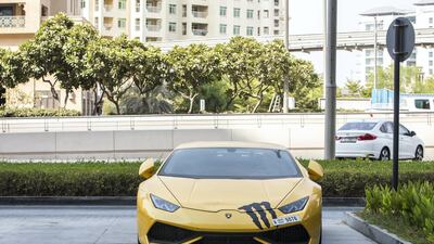 The Lamborghini has remained put at the luxury Five hotel on Dubai’s The Palm Jumeirah. Leslie Pableo for The National