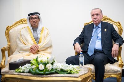 Sheikh Mansour bin Zayed, Vice President, Deputy Prime Minister and Chairman of the Presidential Court, with Turkey's President Recep Tayyip Erdogan, in Sharm El Sheikh. Photo: UAE Presidential Court