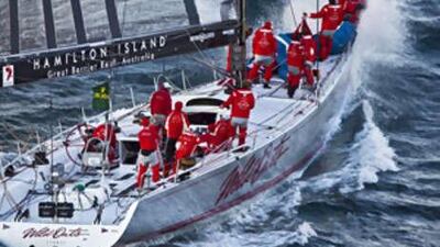 Wild Oats XI sails towards the finish line and victory in the Sydney to Hobart yacht race.