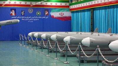 Iranian missiles called Abu Mahdi are displayed at an IRGC military ceremony in Tehran. Reuters