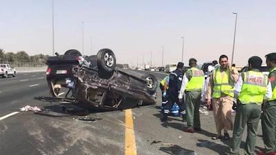 Police said the car overturned and then hit a concrete wall. Dubai Police