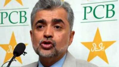 The Pakistan Cricket Board chairman Naseem Ashraf addresses a news conference in Lahore.