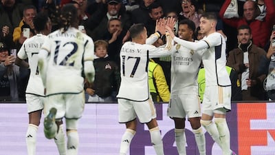 Rodrygo celebrates scoring Real Madrid's third goal against Braga in their Champions League group match. AFP