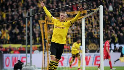 Borussia Dortmund's Erling Haaland celebrates after scoring his first goal against Union Berlin on Saturday. EPA