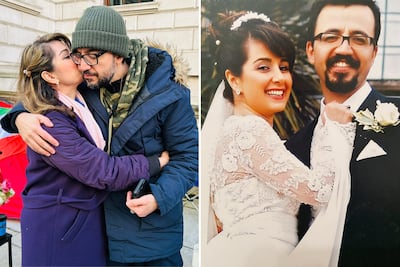Mattie Heaven gives her husband Vahid Beheshti a kiss to celebrate their 15th wedding anniversary while he is on hunger strike. Right, the couple on their wedding day in 2008. Photo: Mattie Heaven
