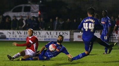 Richie Allen of Salford City scores their second goal in the FA Cup on Friday night againts Notts County. Chris Brunskill / Getty Images