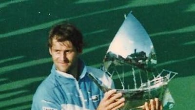 Karel Novacek poses with the trophy after winning the first Dubai Duty Free Tennis Championship in 1993. Photo Courtesy: Dubai Duty Free Tennis Championships
