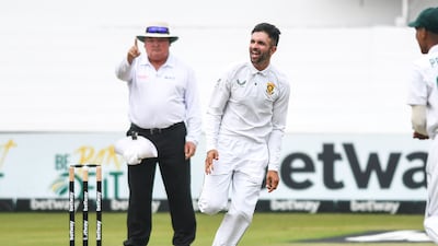 DURBAN, SOUTH AFRICA - APRIL 04: Keshav Maharaj of South Africa celebrates the wicket of Mushfiqur Rahim of Bangladesh during day 5 of the 1st ICC WTC2 Betway Test match between South Africa and Bangladesh at Hollywoodbets Kingsmead Stadium on April 04, 2022 in Durban, South Africa. (Photo by Darren Stewart / Gallo Images / Getty Images)