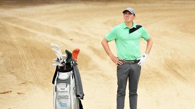 Matthew Fitzpatrick of England looks on from a bunker on the 12th hole. Getty Images