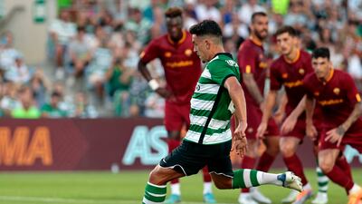 Sporting Lisbon's Pedro Porro scores against Roma at Algarve Stadium, on July 19. EPA
