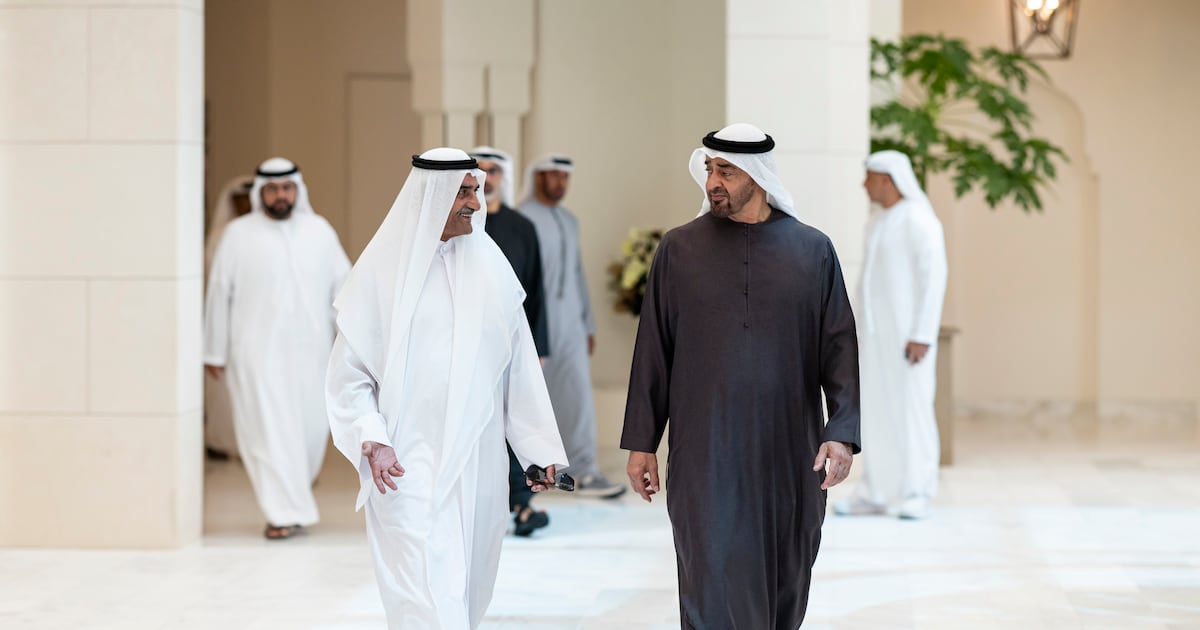 President Sheikh Mohamed receives Sheikh Hamad bin Mohammed Al Sharqi, Ruler of Fujairah, in Abu Dhabi. Photo: Ryan Carter / UAE Presidential Court