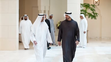 President Sheikh Mohamed receives Sheikh Hamad bin Mohammed Al Sharqi, Ruler of Fujairah, in Abu Dhabi. Photo: Ryan Carter / UAE Presidential Court