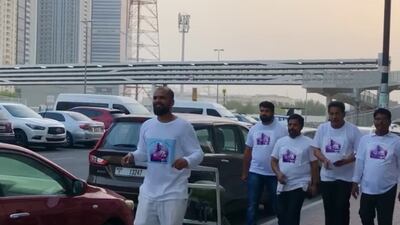 Nitin Sonawane in Sharjah with people who joined him for a section of the journey