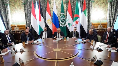 Russian Foreign Minister Sergei Lavrov speaks during his talks with representatives of the Arab League states in Moscow. AFP