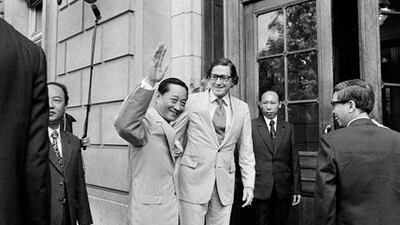 As assistant secretary of state for Southeast Asian affairs, Richard Holbrooke greets Vietnamese deputy foreign minister Phan Hien as he arrives at the American embassy in Paris on June 2, 1977. They went on to resume their formal talks on establishment of diplomatic relations between the two governments.