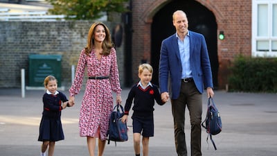 Catherine accompanies Princess Charlotte as she arrives for her first day of school with her brother Prince George at Thomas's Battersea in London in September 2019