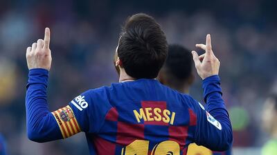 Barcelona's Argentine forward Lionel Messi celebrates after scoring his second goal. AFP