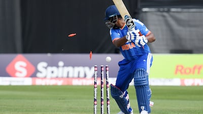 India batter Sanju Samson is clean bowled during the first T20 against Ireland in Belfast. Getty Images