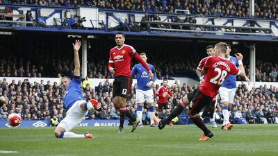 Manchester United’s Morgan Schneiderlin scores their first goal against Everton in their Premier League win at Goodison Park. Carl Recine / Action Images / Reuters
