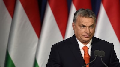 This file photo taken on February 18, 2018 shows Hungarian Prime Minister Viktor Orban delivering his state of the nation speech in front of his party members and sympathizers at Varkert Bazar cultural center in Budapest. Attila Kisbenedej /AFP Photo