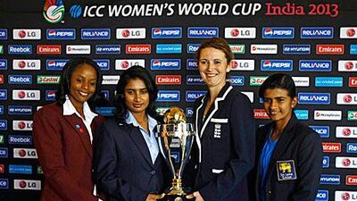 Team captains – from left, West Indies’ Merissa Aguilleira, India’s Mithali Raj, England captain Charlotte Edwards and Sri Lanka’s Shashikala Siriwardena – with the ICC Women's World Cup trophy. Rafiq Maqbool / AP Photo