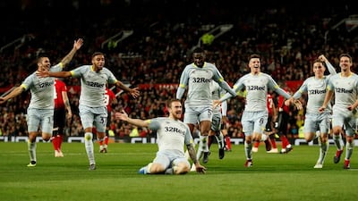 Derby County players celebrate beating Manchester United. Action Images via Reuters