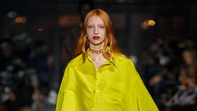 A man's shirt turned into a long, flowing dress, at the Valentino spring/summer 2022 show