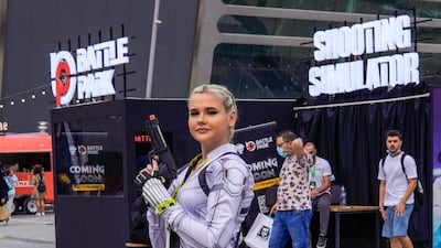 A woman in cosplay at the outdoor Party Plaza area at Adnec.