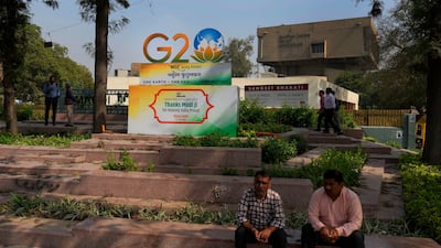 A G20 logo at a crossing in New Delhi. AP