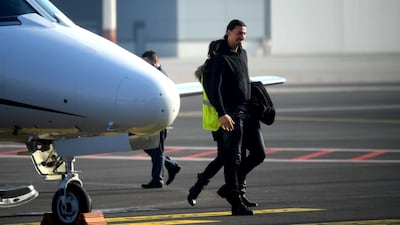 Zlatan Ibrahimovic is seen upon his arrival at Linate airport. AFP