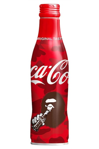 A Bathing Ape bottle for Coca-Cola, featuring the Ape Head design, for 2020. Coca Cola