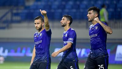 Al Nasr’s Diaa Sabia, left, reacts after scoring against Khor Fakkan in the Adnoc Pro League at Al Maktoum stadium on Thursday, September 16, 2021. Courtesy PLC
