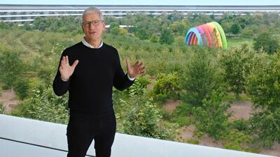 Apple CEO Tim Cook speaks during a special event at the company's headquarters of Apple Park in a still image from video taken in Cupertino, California, U.S. REUTERS