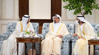 Sheikh Mohammed bin Rashid, Vice-President and Ruler of Dubai; Sheikh Hamad bin Mohammed Al Sharqi, UAE Supreme Council Member and Ruler of Fujairah, and Sheikh Humaid bin Rashid Al Nuaimi, UAE Supreme Council Member and Ruler of Ajman, attend an Eid Al Adha reception at Mushrif Palace.