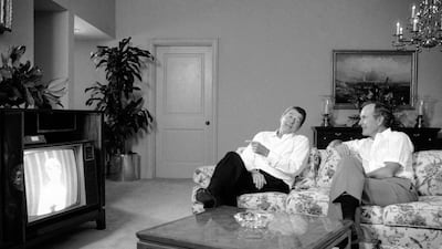 Former US president Ronald Reagan and vice president George H W Bush in the Anatole Hotel in Dallas in 1984. AP