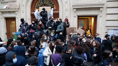 Pupils block access to the Lycee Turgot high school in Paris. Reuters