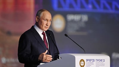 Russian President Vladimir Putin speaks at the St Petersburg International Economic Forum on Friday. AFP