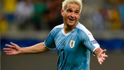 Uruguay's Nicolas Lodeiro celebrates after scoring against Ecuador during their Copa America football tournament group match at the Mineirao Stadium in Belo Horizonte, Brazil. AFP