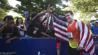 The American athlete Ben True celebrates after winning the 11th annual UAE Healthy Kidney 10k race in Central Park, New York. The race honours the late Sheikh Zayed, who was treated in the United States for a kidney complaint. Carlo Allegri for The National