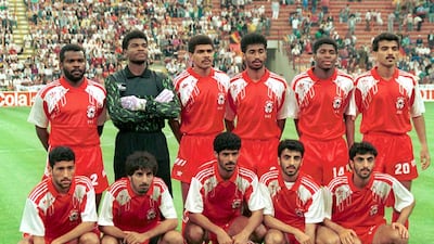 The UAE football team at Giuseppe Meazza stadium in San Siro, Italy, before their World Cup Group D first round match with West Germany in 1990. It was the first time the UAE appeared at the tournament. AFP