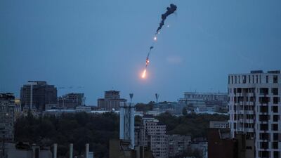 An explosion of a drone is seen in the sky over Kyiv on May 4. Reuters
