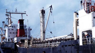 File photo of Yemeni soldiers standing guard the North Korean ship So San at Al Mukalla port, 550km southeast of the Yemeni capital, Sanaa on December 17, 2002 after its cargo was unloaded. The ship, which was carrying a cargo of cement bags on top of the Scud missile containers, was intercepted December 9 in the Arabian Sea by Spanish warships. AP Photo
